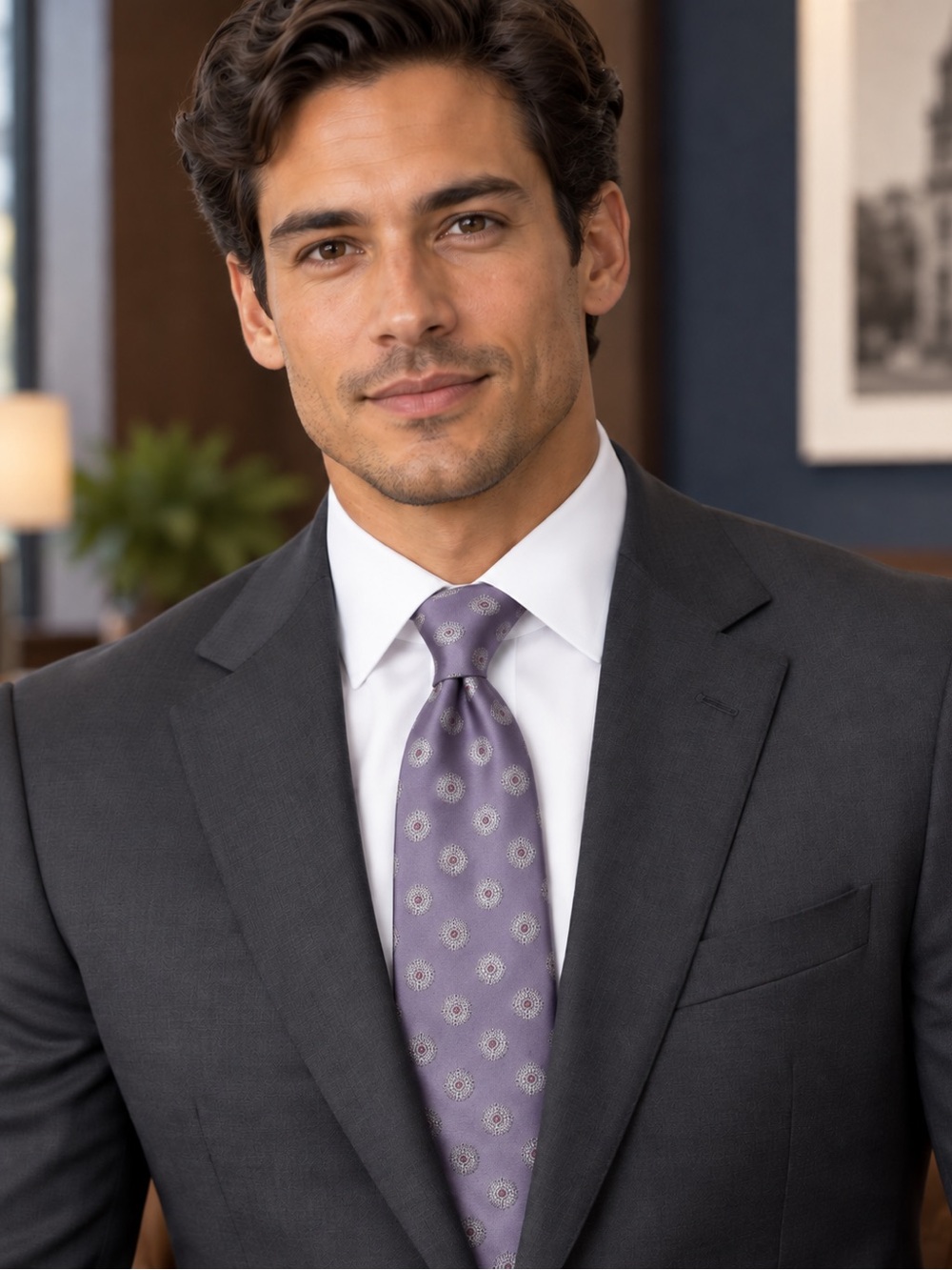 Ike Behar Lavender silk tie with white circles